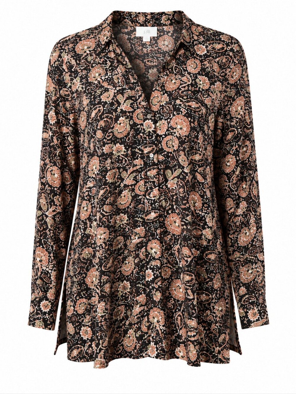 J. JILL | Black Floral Paisley Rayon Button Down Tunic Blouse Pockets | XL